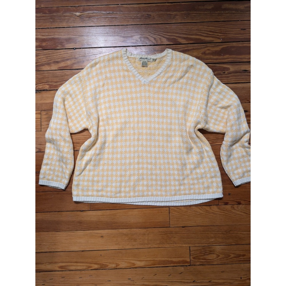 Eddie Bauer Sweater Womens XL Yellow Houndstooth Cotton V-Neck Vintage 90s Knit